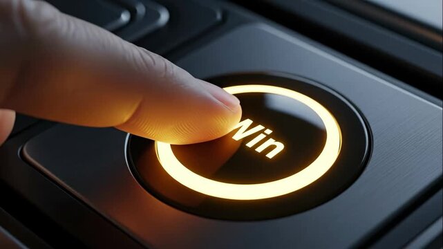 Finger Pressing Glowing Win Button - Close-up shot of a finger about to press a button that glows with a golden light, the word "Win" is visible on the button.