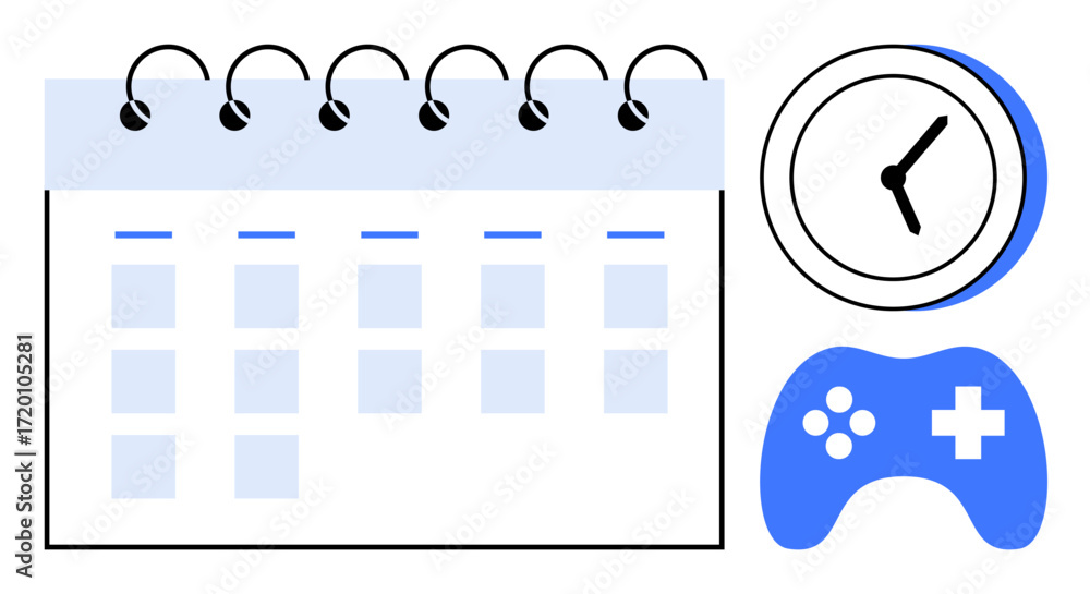 Poster spiral-bound calendar, analog clock, and game controller emphasize time management and work-life bal