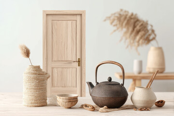 beautifully crafted door in japanese minimalist style framed with light smooth surface