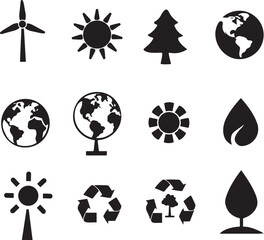 Collection of black and white eco friendly icons representing sustainability and nature