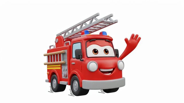 Friendly 3D Animated Fire Engine Bounces and Waves Cheerfully in an Isolated Loop