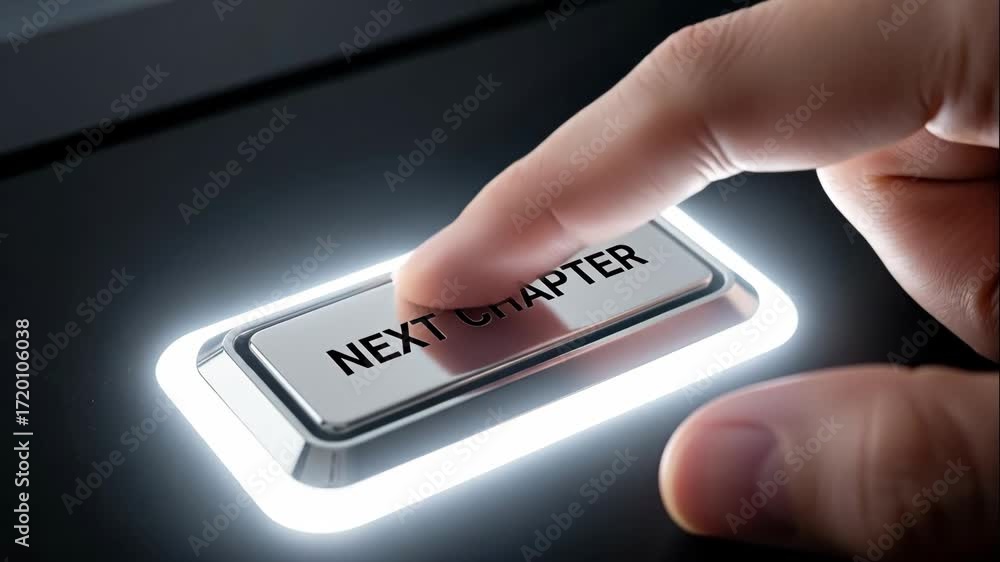 Poster hand pressing next chapter button - close-up of a finger pressing a metallic 