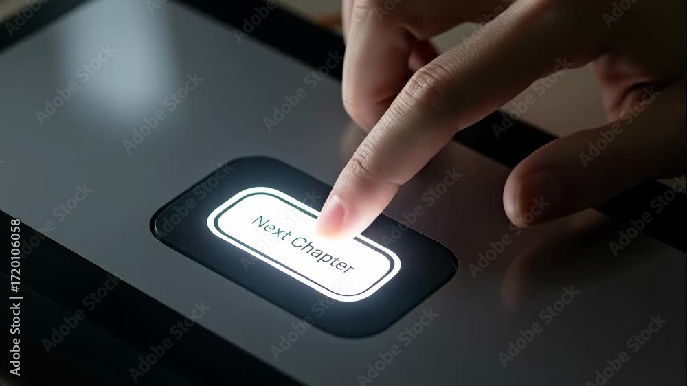 Poster hand pressing next chapter button - close-up shot of a finger pressing a glowing 