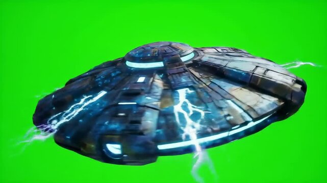 Futuristic flying saucer against a green screen