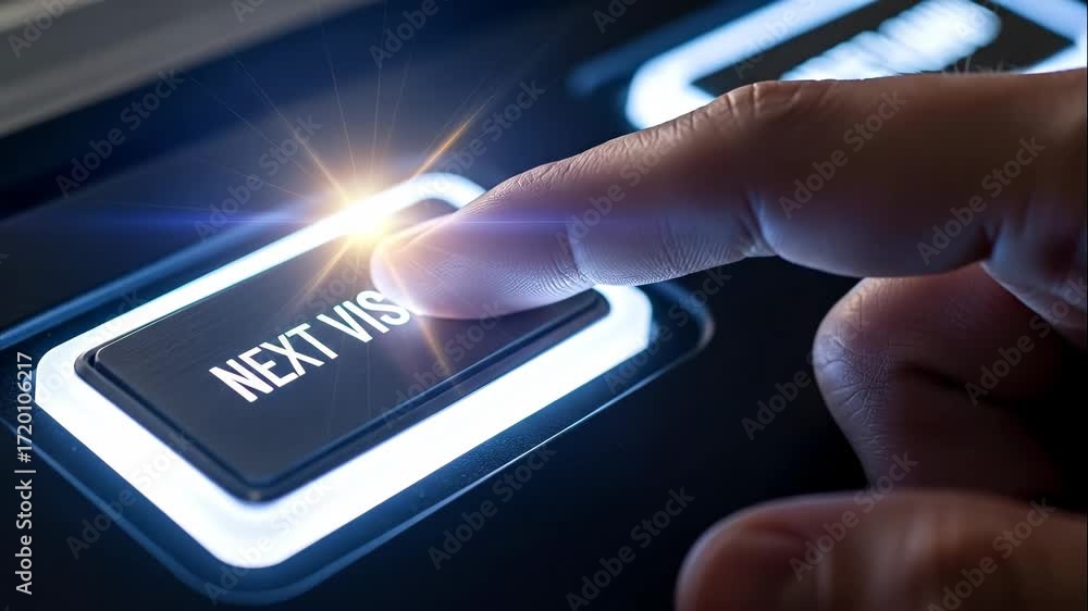 Poster hand pressing next vision button - close-up shot of a finger pressing a glowing 