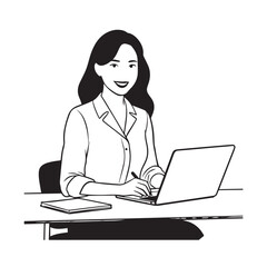 Black and white line art of a beautiful successful career woman working at desk with laptop illustration
