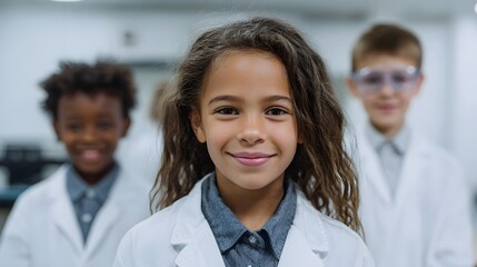 Diverse group of young students in lab coats smiling in a science classroom