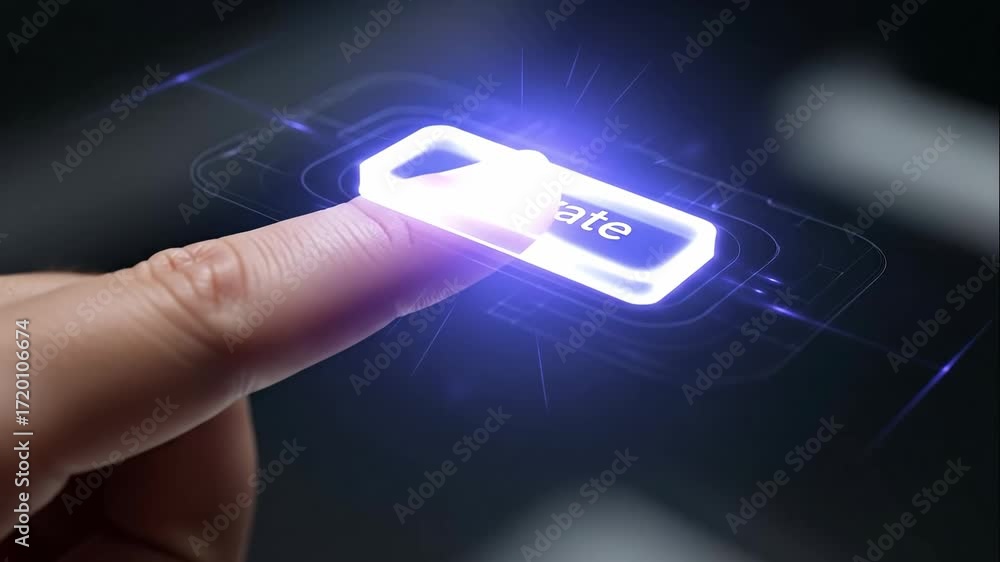 Poster finger pressing activate button futuristic interface - close-up shot of a fingertip activating a glo