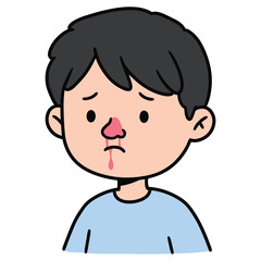 Illustration of a young boy with a runny nose, looking unwell and possibly suffering from a cold or allergies, cartoon style