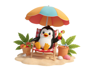 Whimsical 3D cartoon penguin enjoying a tropical beach vacation with a cocktail and sandy environment transparent background isolated on a transparent background