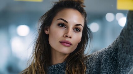 A young woman thoughtfully plans or brainstorms ideas engaging with notes on a glass board in a bright modern office setting