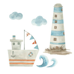 Watercolor set with ship, wave, lighthouse. Hand drawn isolated  illustration on white background
