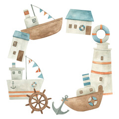 Watercolor wreath with ship, anchor, lighthouse. Hand drawn isolated  illustration on white background