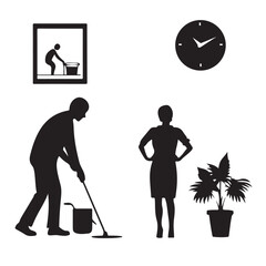 Silhouettes of people cleaning and a plant with a clock on the wall