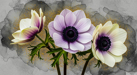 A serene composition of three anemone flowers in shades of purple and white, set against a soft, abstract grey watercolor background with subtle gold flecks.