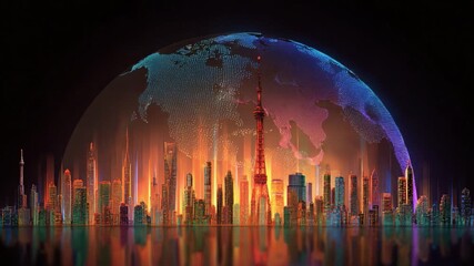 Animated futuristic city skyline reflecting on the water at night with a large, glowing, digital earth hologram rotating in the background, representing global technology and innovation - Powered by Adobe