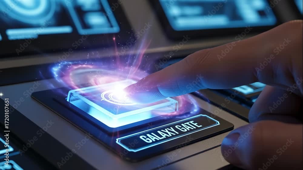 Poster finger pressing galaxy gate activation button - a finger presses a glowing button labeled 
