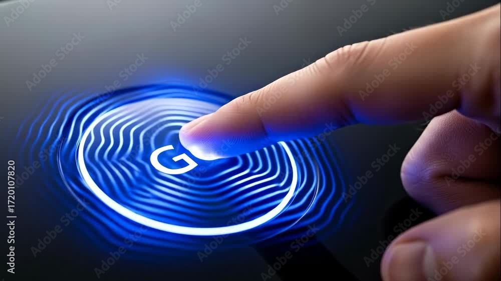 Poster finger pressing glowing go button - a finger presses a glowing 