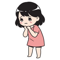 Adorable cartoon girl with worried expression, hands clasped in front of her chest, dressed in a pink t-shirt