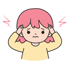 Illustration of a young girl experiencing a headache, with pink hair and a worried expression, holding her temples