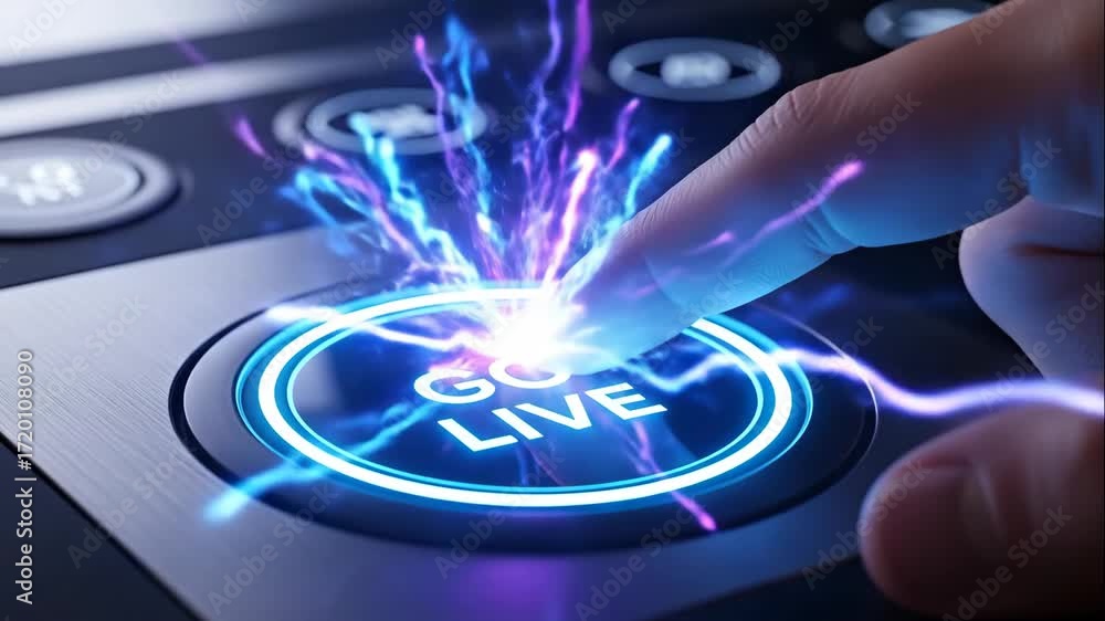 Poster finger pressing go live button - a finger presses a glowing 