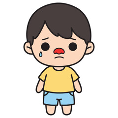 Sad, Crying Boy with Red Nose, Feeling Unwell