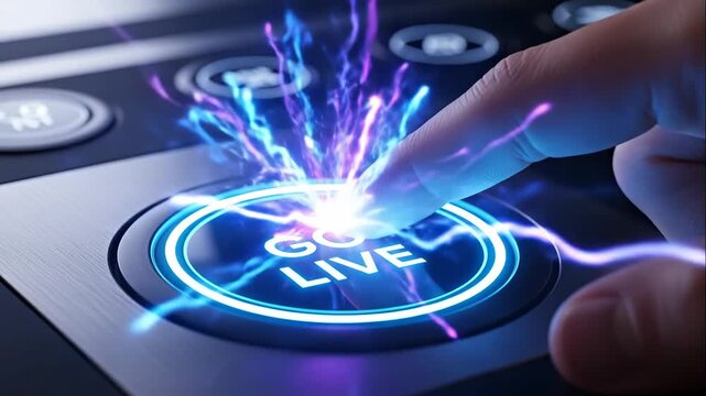 Finger Pressing Go Live Button - A finger presses a glowing "Go Live" button on a futuristic control panel.