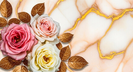 Three roses in soft hues of pink and white are adorned with golden leaves against a marbled backdrop with golden accents.