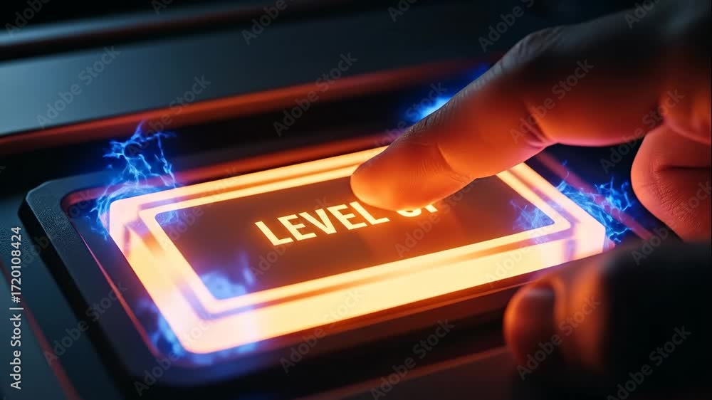 Poster finger pressing glowing level up button - a finger presses a glowing 
