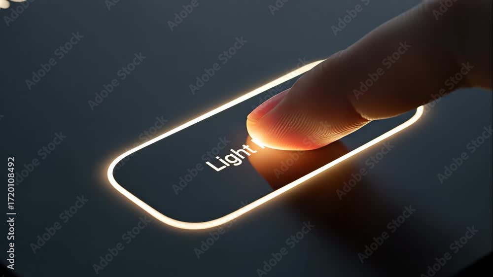 Poster finger pressing illuminated light mode button - close-up shot of a fingertip activating a glowing, r