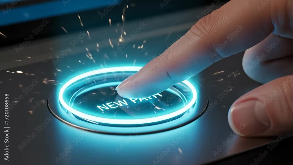 Poster finger pressing glowing new path button - a finger presses a glowing blue button that reads 