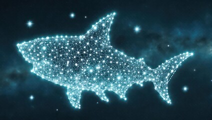 Dynamic digital shark silhouette illuminated by glowing neon lines and stars against a dark, cosmic background, symbolizing innovation and futuristic themes.