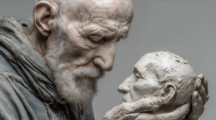 Naklejka premium A thoughtful old man gazes upon a sculpted head, depicting deep emotional connections.