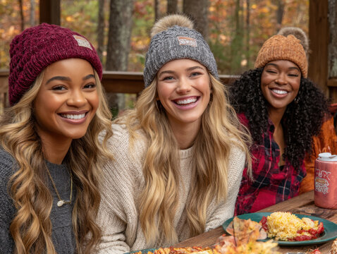 Friendsgiving celebration in a cozy backyard, featuring joyful friends enjoying a festive meal surrounded by autumn leaves