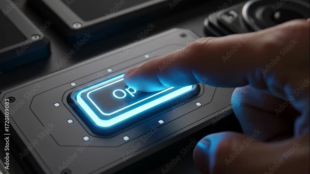 Poster finger pressing futuristic open button - close-up of a finger pressing a glowing blue 