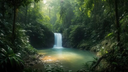 Serene jungle waterfall cascades into a tranquil turquoise pool, bathed in ethereal sunlight filtering through lush green canopy