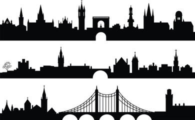 A vector collection of European city skylines, this set features the Clifton Suspension Bridge in Bristol, England and other historic old towns
