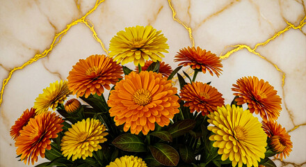 A close-up shot of a lively bouquet of orange and yellow marigold flowers, showcasing their intricate petals against a marble surface with gold streaks.