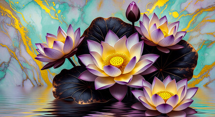A tranquil scene featuring several purple and white lotus flowers and a bud floating on water, with dark leaves and a marbled background with gold details.