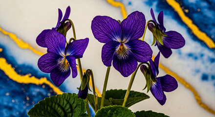 Several small, vibrant purple violets with detailed yellow centers and green foliage are arranged against a striking blue and gold marbled backdrop.