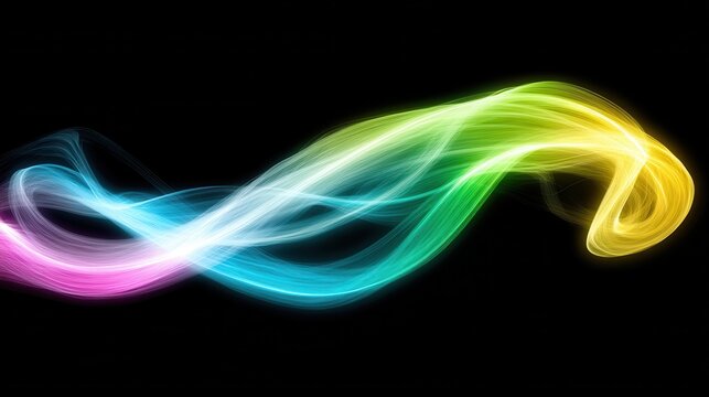 Colorful Light Wave Flow, vibrant and fluid bands of pink, blue, green, and yellow swirling against a dark background, evoking motion and energy.