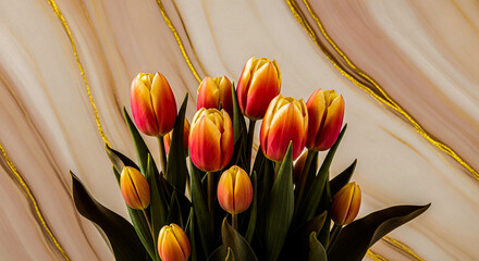 A close-up of a bouquet of vibrant orange and pink tulips with green leaves, set against a soft, marbled background with delicate golden lines.