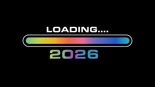 Futuristic colorful loading bar animation with 2000 to 2026 New Year text transition. Progress bar moves from 2000 to 2026 with smooth percentage animation. Pixelated loading bar icon and progress