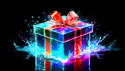 Abstract A gift box, snowflake red background. ornaments creation with colored sequins.