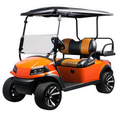 A vibrant orange and black golf cart with a black canopy, designed for offroad use, isolated on white isolated on transparent background