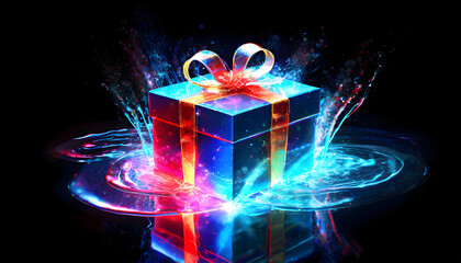 Abstract A gift box, snowflake red background. ornaments creation with colored sequins.