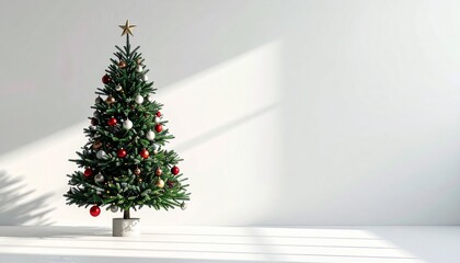 Beautifully decorated Christmas tree with red and white ornaments stands in sunlit room, creating festive and serene atmosphere