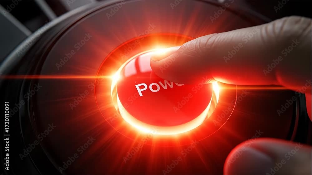 Poster finger pressing red power button with glowing light - close-up shot of a finger pressing a red power