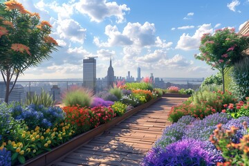 Obraz premium A vibrant rooftop garden bursting with colorful flowers and breathtaking skyline views.