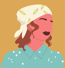Woman abstract face portrait. Faceless young female redhead character with headscarf, head avatar. Hand drawn vector illustration.